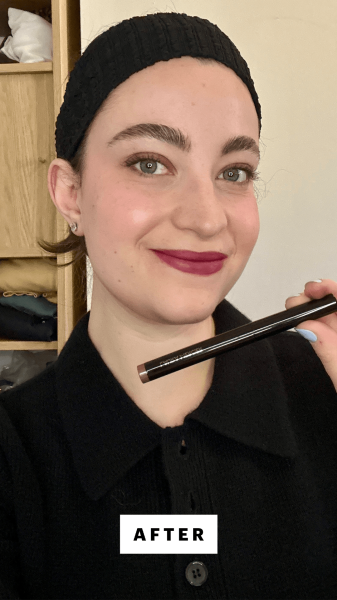 A selfie of Allure senior commerce editor Sarah Felbin after applying the Laura Mercier Caviar Stick Eye Shadow